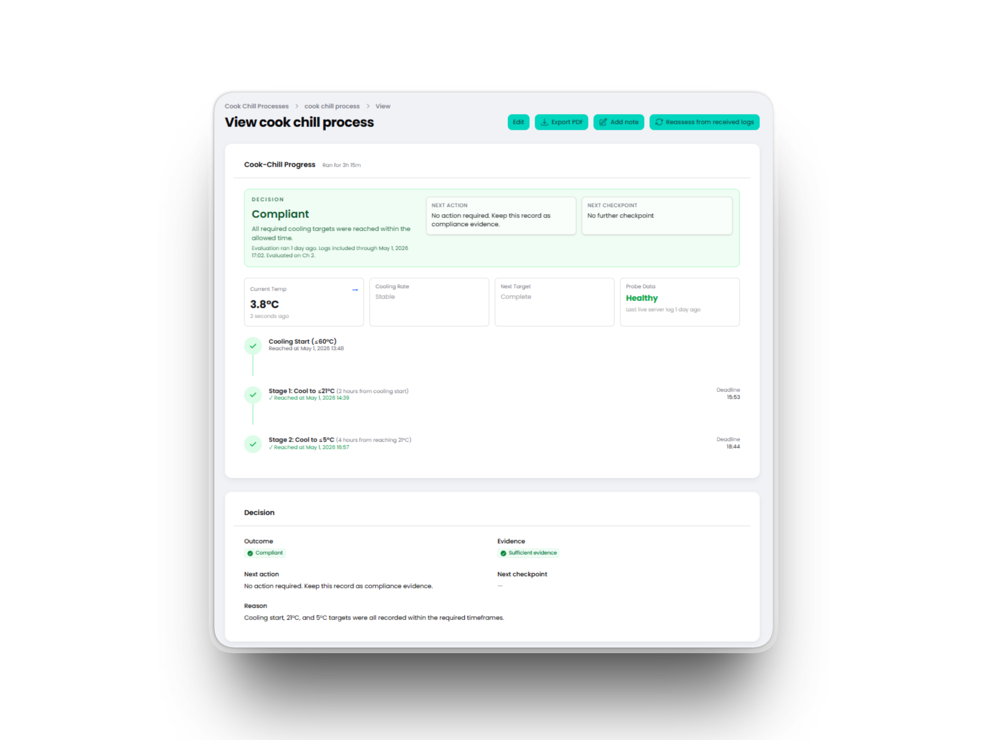 Live cook chill compliance tracking